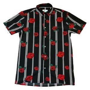 Men Roses Striped Woven Top Black White short sleeve button down shirt